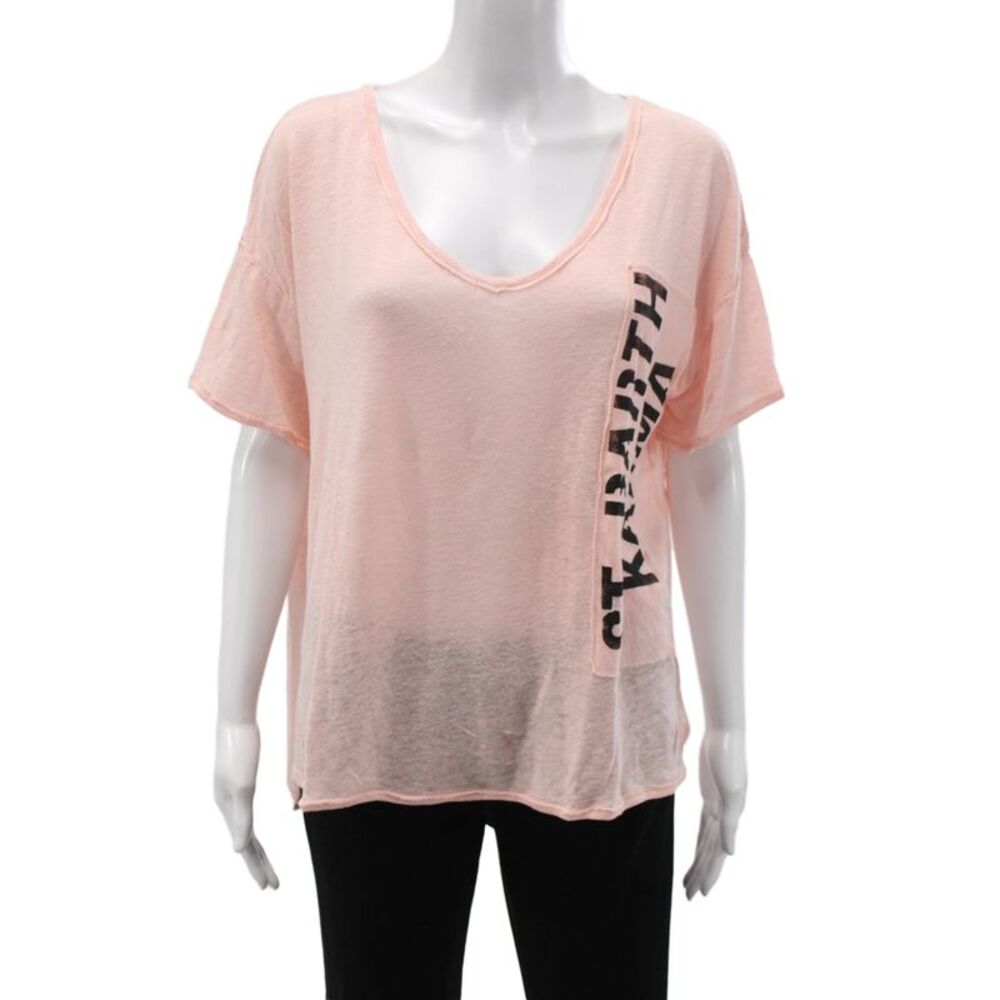 St.Barth Unisex Pink Linen V-Neck Yoga Graphic T-Shirt Short Sleeve Size M